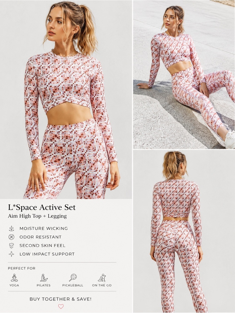 L*Space Aim High Activewear Set NWT Pink Plaid Crop Top Leggings Size Small